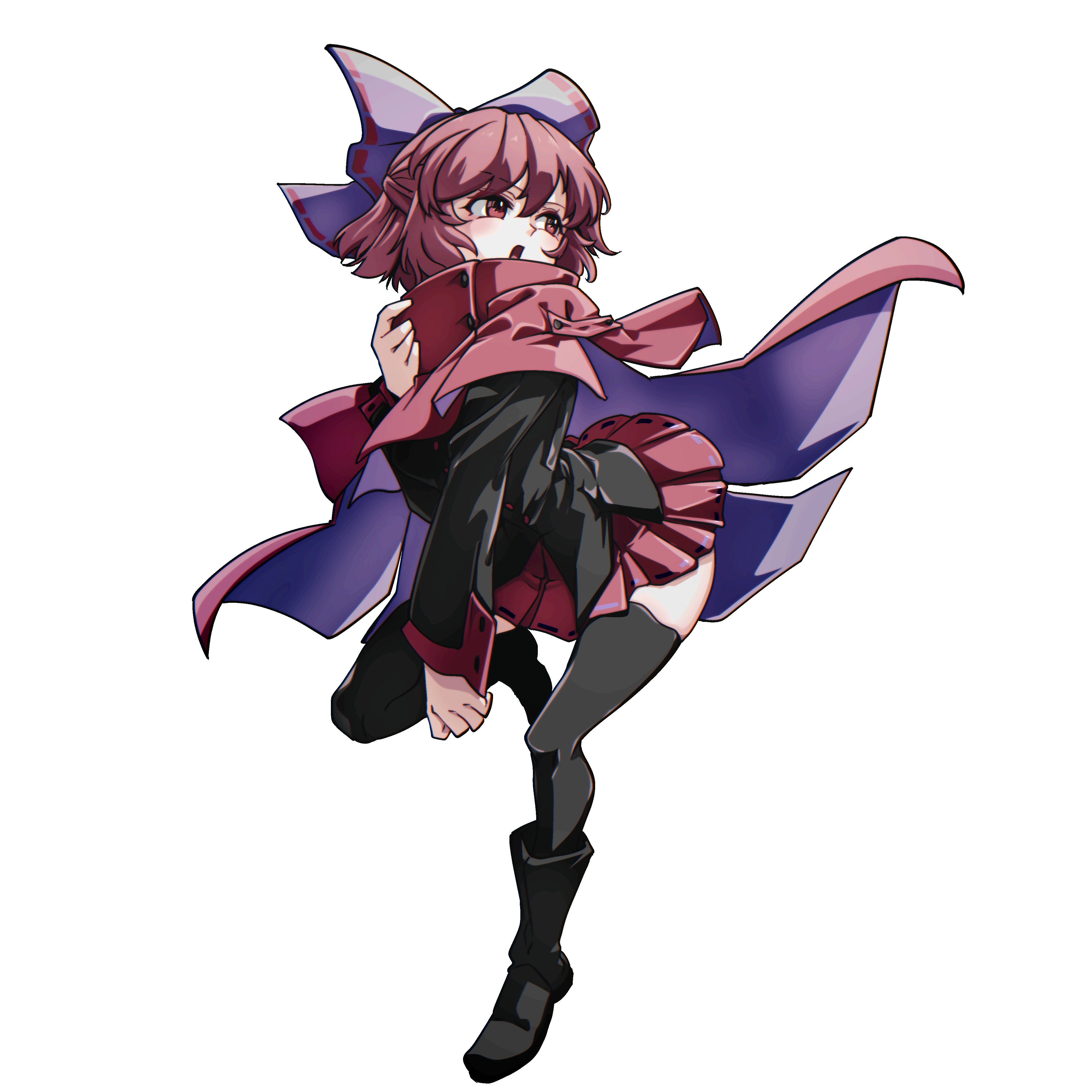 kikoka (mizuumi), sekibanki, touhou, absurdres, highres, 1girl, black thighhighs, bow, cape, full body, purple bow, red cape, red eyes, red hair, red skirt, short hair, simple background, skirt, solo, thighhighs, two-tone cape, white background