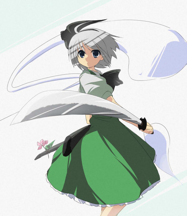 oka (bananashoe), konpaku youmu, konpaku youmu (ghost), touhou, silver hair, duplicate, 1girl, female focus, hitodama, katana, short hair, solo, sword, weapon
