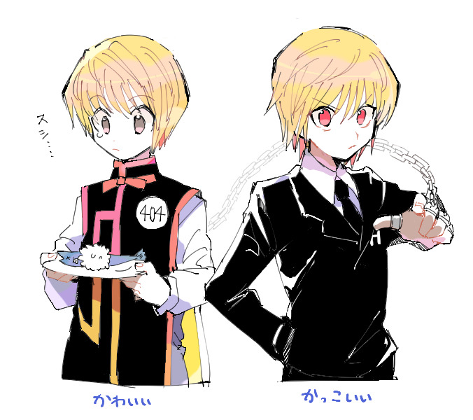 smcms-m, kurapika, hunter x hunter, translation request, :/, black jacket, black tabard, blonde hair, brown eyes, chain, closed mouth, collared shirt, cropped legs, dead animal, fingernails, fish, frown, hand chains, hand in pocket, holding, jacket, lapels, long sleeves, multiple views, necktie, notched lapels, pointing, pointing at viewer, red eyes, shirt, suit jacket, tabard, tears, white background, white shirt, wing collar