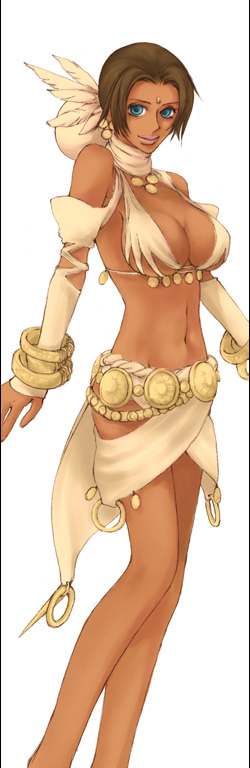 nogami shouko (minima naturalia), lucia (shadow hearts), shadow hearts, shadow hearts ii, bad id, 1girl, alternate costume, blue eyes, breasts, brown hair, cleavage, dark-skinned female, dark skin, female focus, navel, short hair, simple background, solo, white background