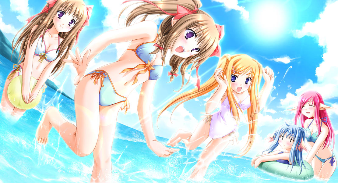 moekibara fumitake, rin lim venus, shikishima krile, tita flawless brandt, tomoe makina, tomoe yukina, nursery rhyme, jpeg artifacts, non-web source, 5girls, :d, ^ ^, animal ears, ball, barefoot, beachball, bikini, blonde hair, blue eyes, blue hair, blush, braid, breasts, brown hair, cleavage, closed eyes, cloud, day, everyone, feet, fox ears, hair ornament, hair ribbon, hairclip, innertube, leg lift, long hair, multiple girls, one-piece swimsuit, open mouth, outdoors, pink hair, pointy ears, purple eyes, ribbon, siblings, side-tie bikini bottom, sky, small breasts, smile, splashing, sun, swim ring, swimsuit, twin braids, twins, twintails, very long hair, wading, water, white bikini, white one-piece swimsuit