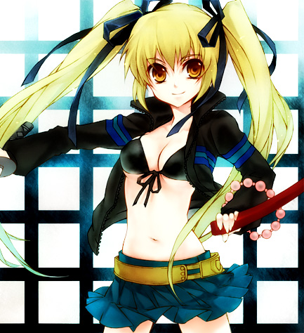 yue (pixiv), black rock shooter (character), shimizu raimei, black rock shooter, nabari no ou, bad id, bad pixiv id, lowres, 1girl, belt, black rock shooter (cosplay), blonde hair, bra, cosplay, female focus, jacket, katana, lingerie, long hair, ribbon, skirt, solo, sword, twintails, underwear, weapon, yellow eyes