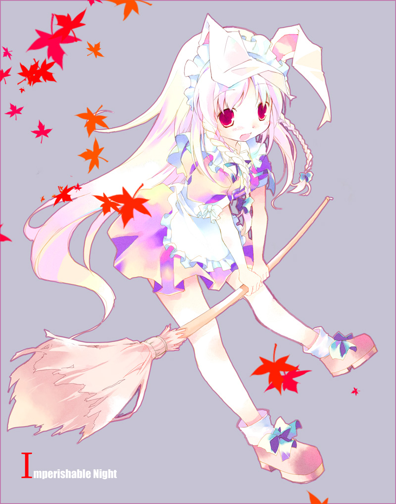 ayuka, reisen udongein inaba, touhou, 1girl, animal ears, broom, broom riding, female focus, full body, leaf, long hair, maid, rabbit ears, skirt, solo