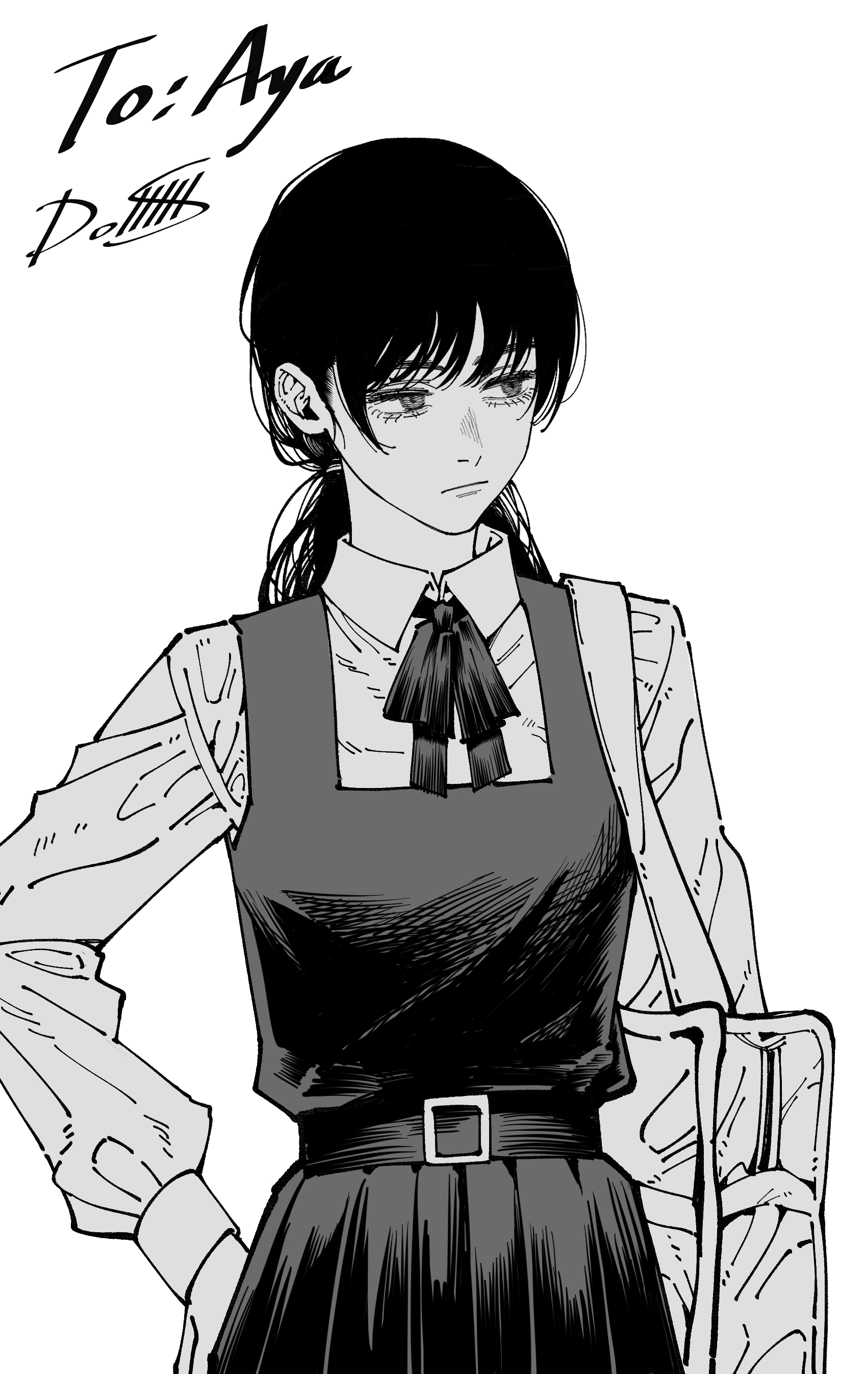 dollllls2, mitaka asa, chainsaw man, absurdres, commentary, highres, symbol-only commentary, 1girl, artist name, bag, bow, bowtie, breasts, closed mouth, collared shirt, crosshatching, dress, fourth east high school uniform, greyscale, hand on own hip, hatching (texture), long hair, looking to the side, monochrome, pinafore dress, school bag, school uniform, shirt, signature, simple background, sleeveless, sleeveless dress, small breasts, solo, swept bangs, upper body, white background