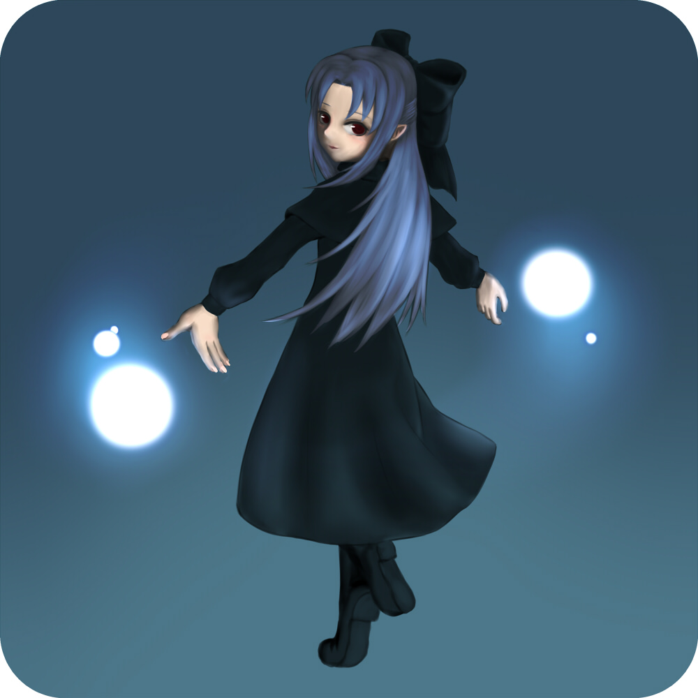yoichika (keats), len (tsukihime), melty blood, tsukihime, type-moon, 00s, 1girl, black dress, blue hair, bow, capelet, dress, female focus, hair bow, half updo, pointy ears, red eyes, solo