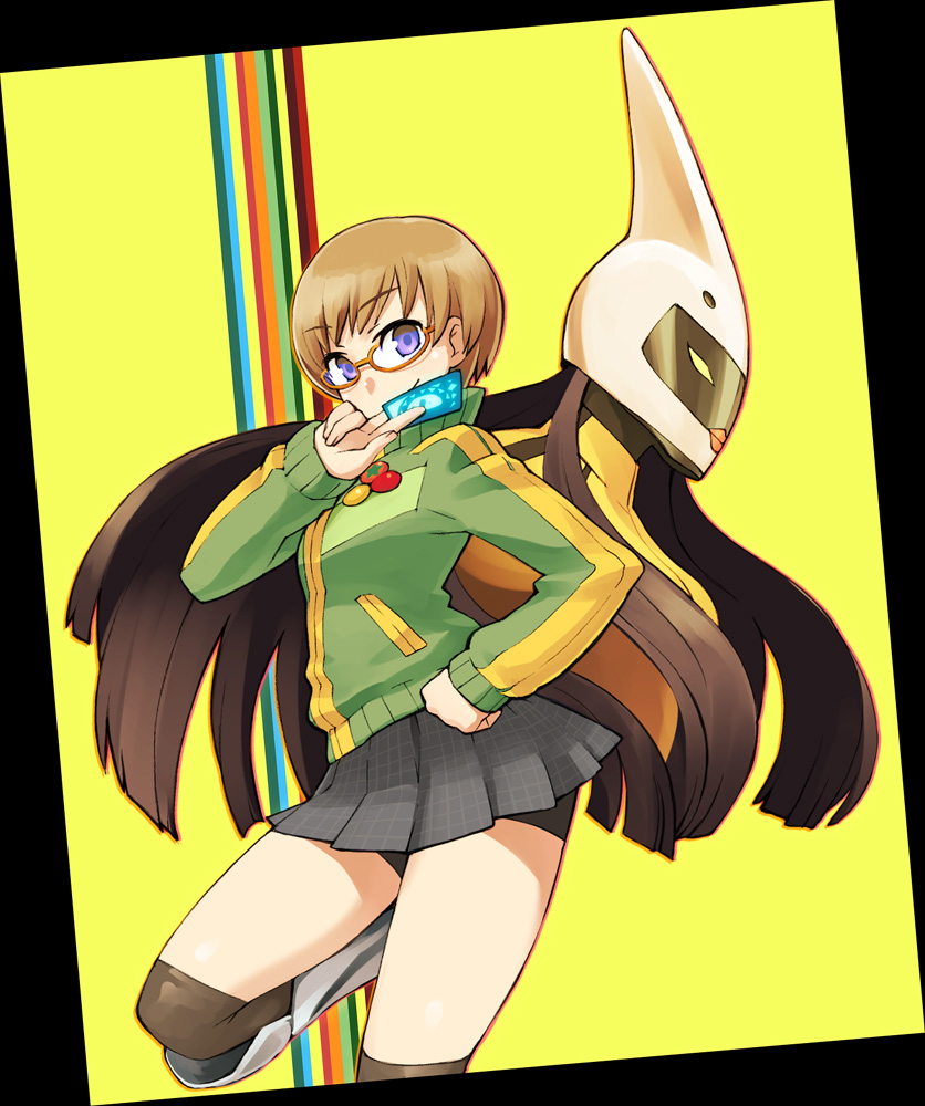 chan co, satonaka chie, tomoe (persona 4), atlus, persona, persona 4, 1girl, bike shorts, glasses, orange-framed eyewear, short hair, thick thighs, thighs