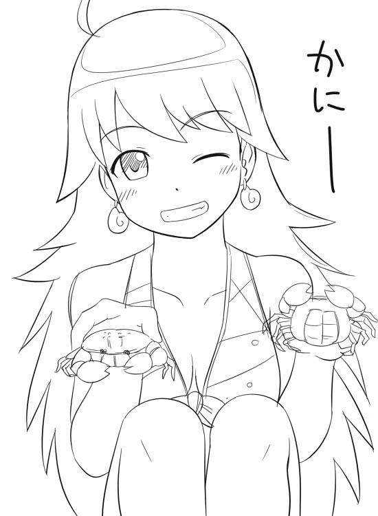 youkan, hoshii miki, idolmaster, idolmaster (classic), idolmaster 1, 00s, 1girl, bikini, bikini top only, crab, crustacean, earrings, female focus, greyscale, jewelry, long hair, monochrome, one eye closed, sitting, solo, swimsuit, wink