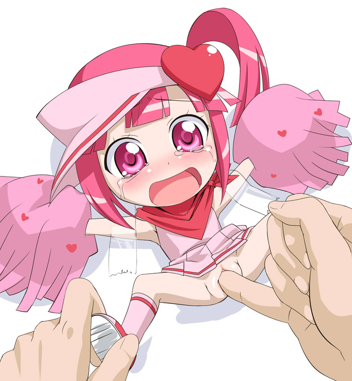 youkan, amulet heart, ran (shugo chara!), shugo chara!, 1girl, blush, bound, cheerleader, chibi, clothes lift, fingering, loli, mini person, minigirl, no panties, pink eyes, pink hair, pom pom (cheerleading), rape, side ponytail, skirt, skirt lift, solo focus, tape, tape bondage, tears, uncensored
