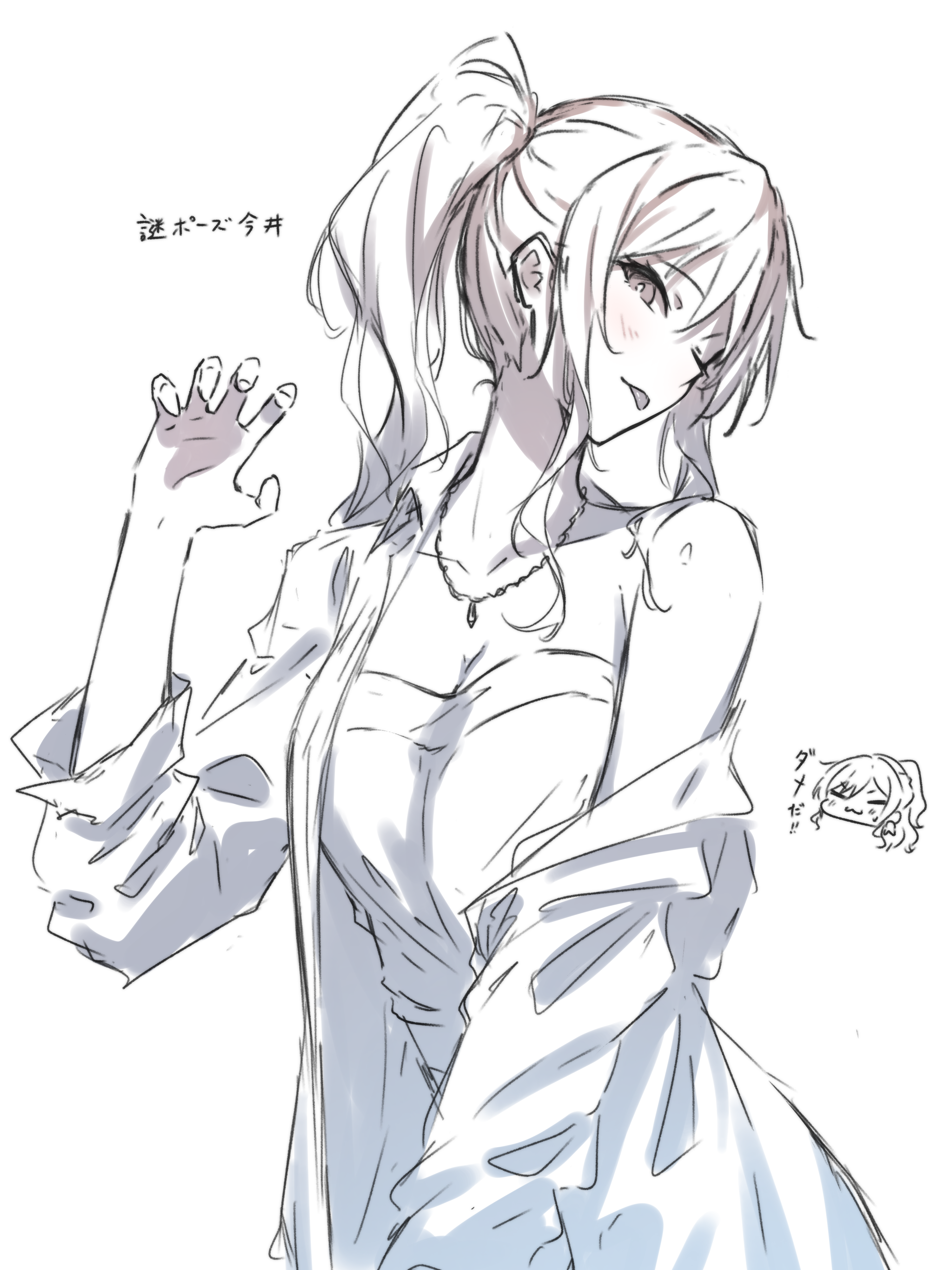 kanade (kanade 3344), imai lisa, bang dream!, absurdres, commentary, highres, translation request, 1girl, :3, = =, blush, breasts, cleavage, closed mouth, collarbone, hand up, jewelry, medium breasts, monochrome, necklace, ponytail, sidelocks, simple background, single off shoulder, sketch, solo, sweatdrop, tongue, tongue out, white background