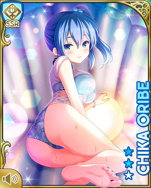 qp:flapper, oribe chika, girlfriend (kari), official art, 1girl, ass, bare arms, bare legs, bikini, blue bikini, blue eyes, blue hair, card (medium), character name, closed mouth, crossed arms, looking at viewer, midriff, navel, night, pool, poolside, see-through clothes, see-through shirt, shirt, sitting, smile, solo, swimsuit, white shirt