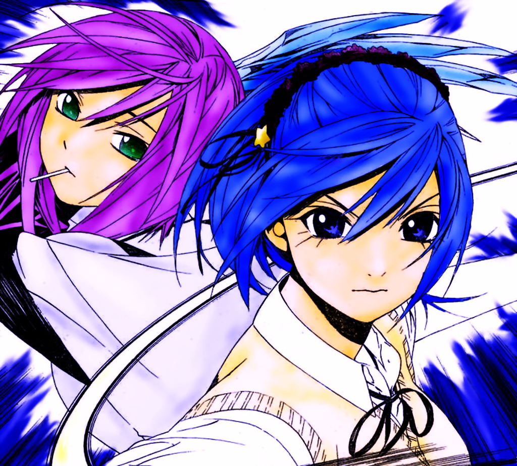 kurono kurumu, shirayuki mizore, rosario+vampire, 00s, 2girls, blue eyes, blue hair, demon girl, green eyes, multiple girls, purple hair, ribbon, short hair