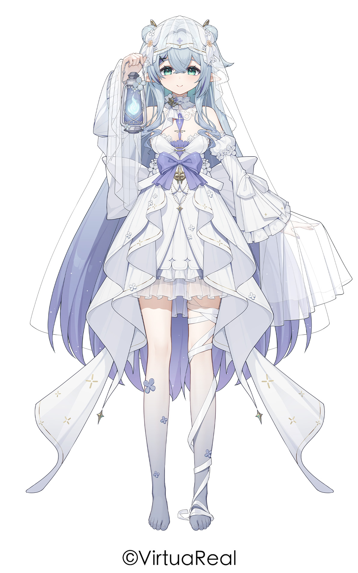 nijisanji, virtuareal, highres, official art, 1girl, bandages, blue fire, blue hair, breasts, closed mouth, collar, copyright notice, detached collar, detached sleeves, dress, fire, full body, gradient hair, green eyes, hair between eyes, hair ornament, holding, holding lantern, kioi (virtuareal), lantern, long hair, long sleeves, looking at viewer, multicolored hair, pointy ears, purple hair, purple nails, see-through clothes, see-through veil, simple background, sleeves past wrists, smile, solo, toes, veil, very long hair, virtual youtuber, white background, white collar, white dress, white sleeves, x hair ornament