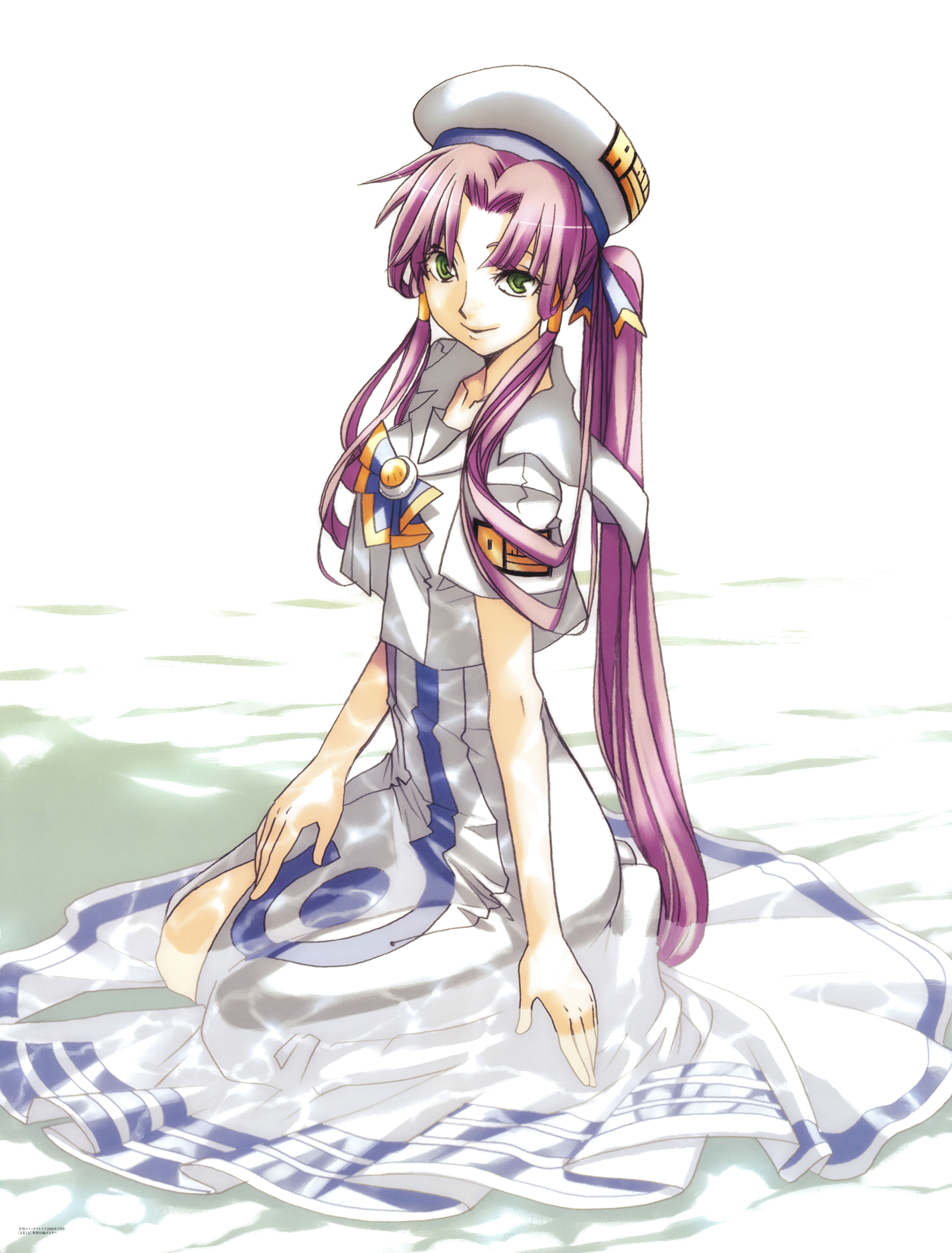 amano kozue, mizunashi akari, aria (manga), absurdres, graphite (medium), highres, official art, scan, traditional media, 00s, 1girl, aged up, alternate hair length, alternate hairstyle, beret, blouse, female focus, green eyes, hair tubes, hat, long hair, looking at viewer, parted bangs, ponytail, shirt, sidelocks, sitting, solo, very long hair, water, white hat, white shirt