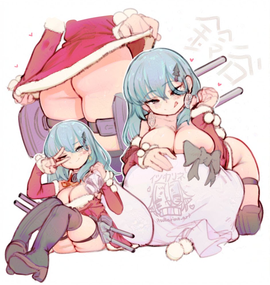 itsukarine, suzuya (christmas) (kancolle), suzuya (kancolle), kantai collection, 1girl, aqua eyes, aqua hair, arm warmers, ascot, ass, bare shoulders, breasts, christmas, christmas tree hair ornament, clothes lift, detached collar, detached sleeves, dress, fur trim, green eyes, hair ornament, hairclip, large breasts, lifting own clothes, long hair, orange ascot, red dress, sack, santa costume, santa dress, skirt, skirt lift, solo, thighhighs