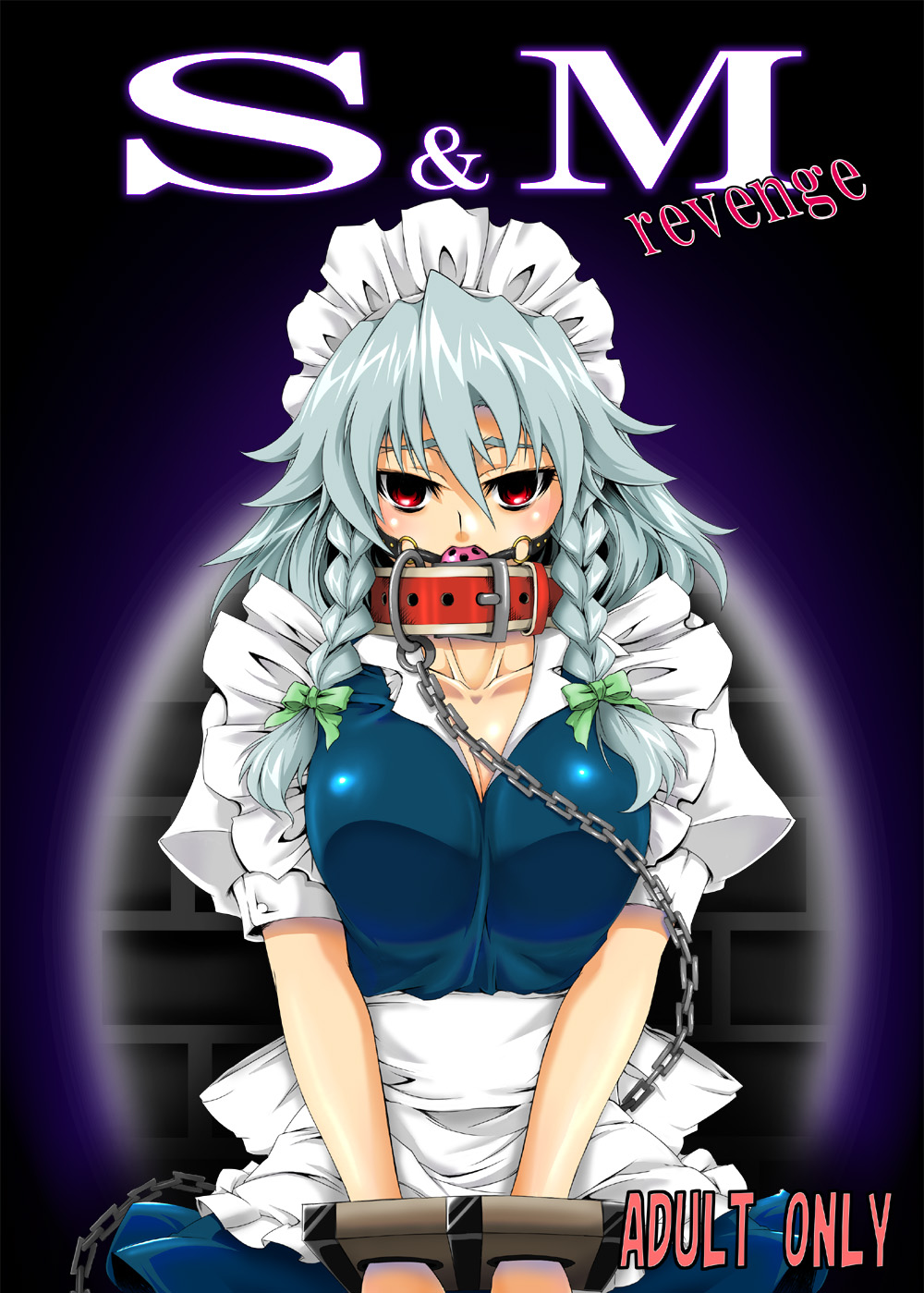 tajima yuuki, izayoi sakuya, touhou, silver hair, highres, 1girl, ball gag, bdsm, bondage, bound, braid, collar, female focus, gag, gagged, maid, short hair, solo, stocks, twin braids, wiffle gag