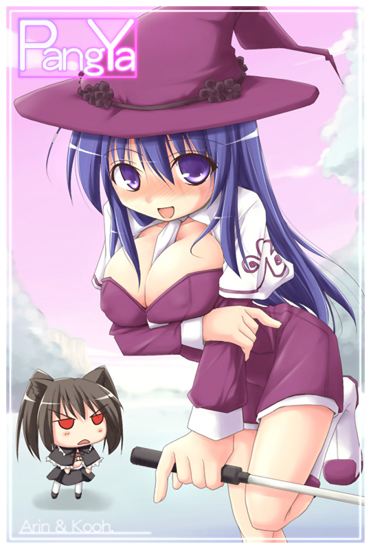 kurikara, arin (pangya), kooh (pangya), pangya, between breasts, blue eyes, blue hair, blush, breasts, breasts squeezed together, chibi, cleavage, covered erect nipples, dress, hat, large breasts, long hair, open mouth, witch