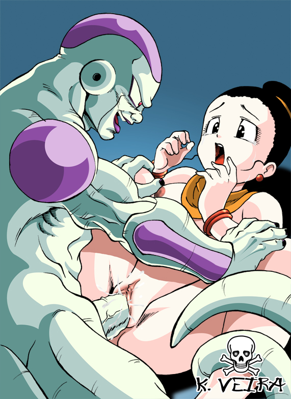 kveira666, chi-chi (dragon ball), final form frieza, frieza, dragon ball, dragonball z, no bangs, 1boy, 1girl, artist name, bed, black hair, breasts, clitoris, hair bun, hetero, interspecies, missionary, monster, nipples, nude, oekaki, penis, pussy, rape, sex, spread legs, uncensored, vaginal