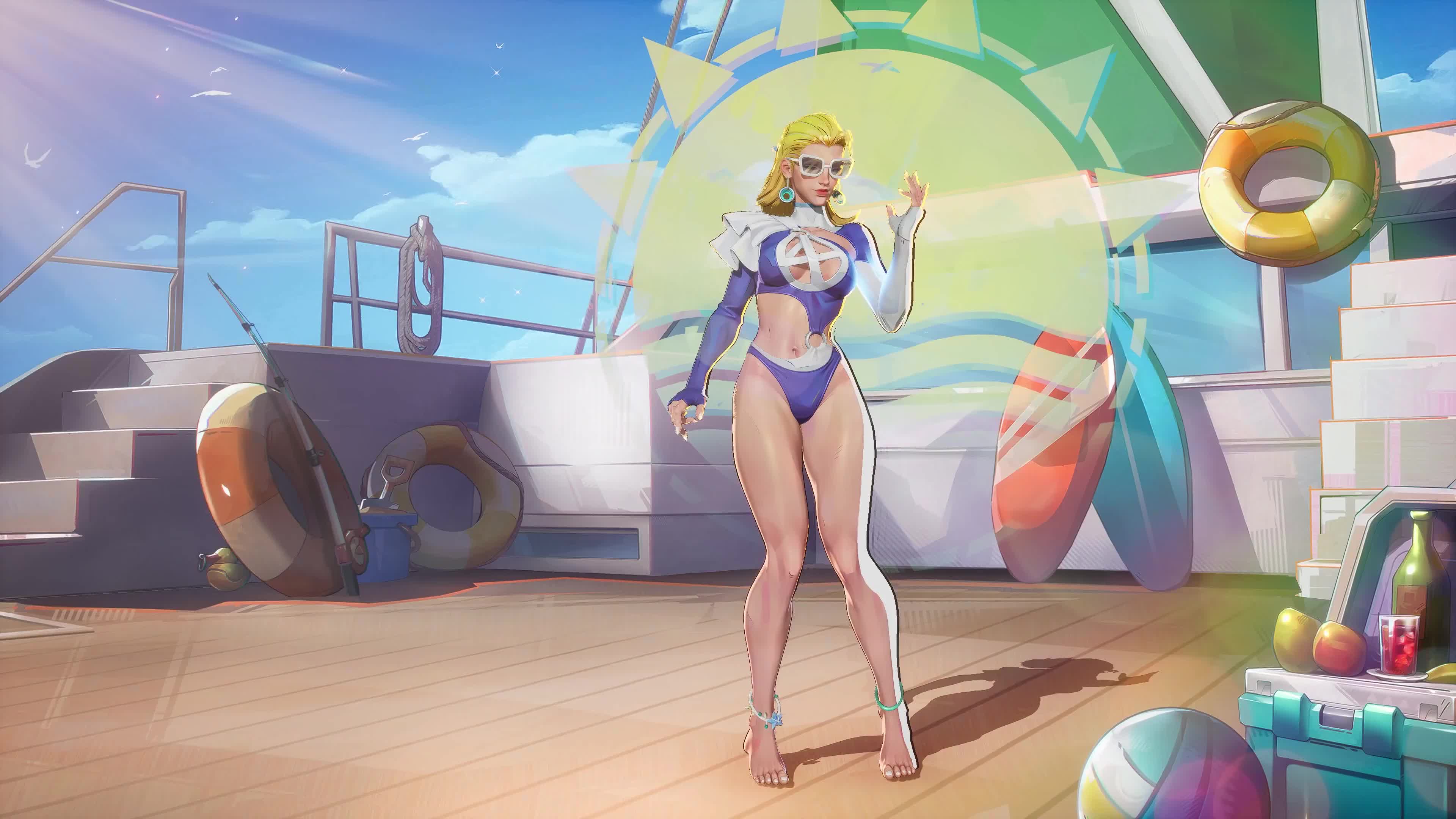 sue storm, fantastic four, marvel, marvel rivals, absurdres, animated, audible speech, english audio, highres, sound, tagme, video, 1girl, alternate color, ass, belly, blonde hair, blue eyes, breasts, cleavage, cleavage cutout, clothing cutout, earrings, highleg, highleg one-piece swimsuit, jewelry, large breasts, long hair, long sleeves, looking at viewer, navel, navel cutout, official alternate costume, one-piece swimsuit, ryona, sitting, solo, standing, sue storm (azure shade), sunbathing, swimsuit
