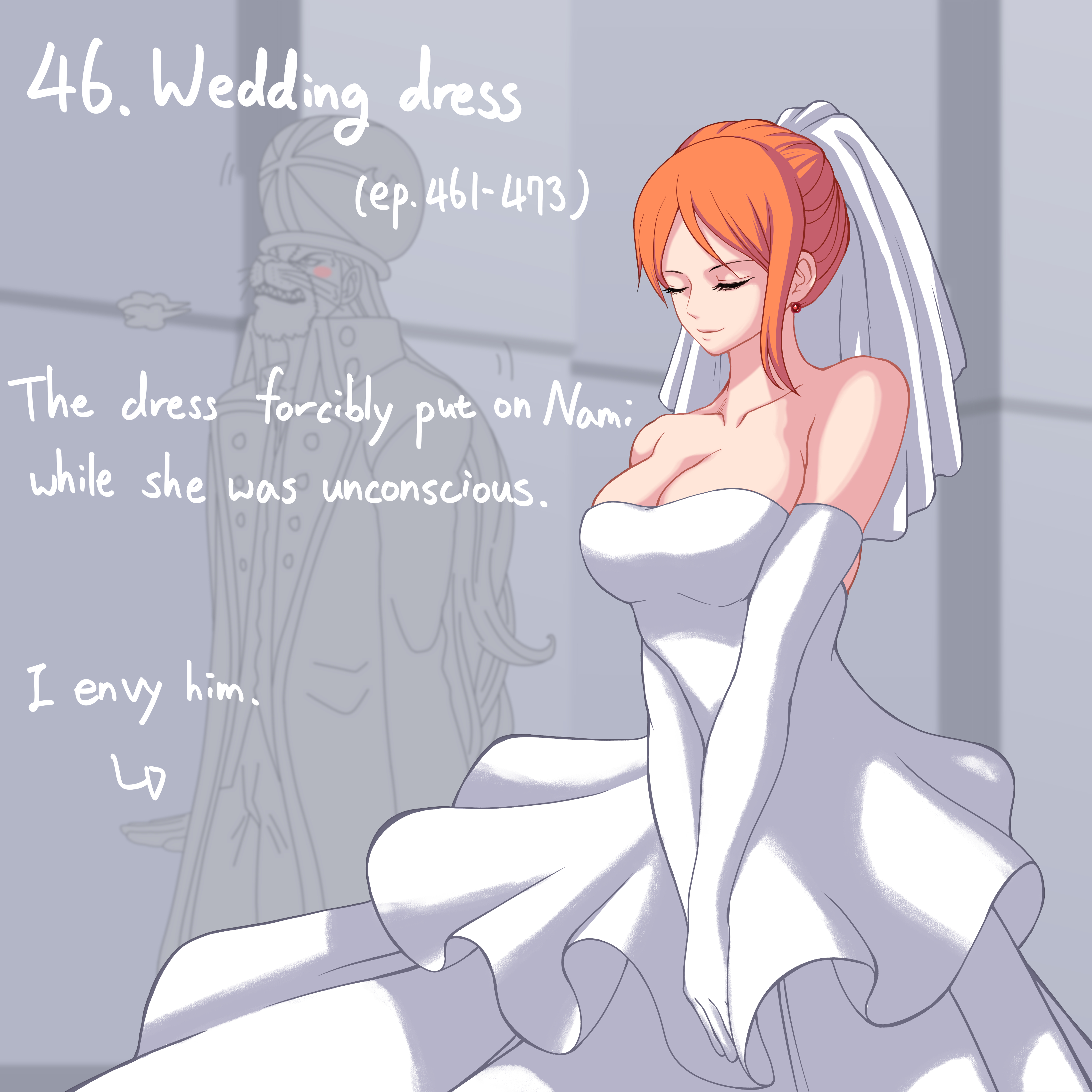 nami (one piece), one piece, absurdres, highres, translated, 1girl, breasts, bride, large breasts