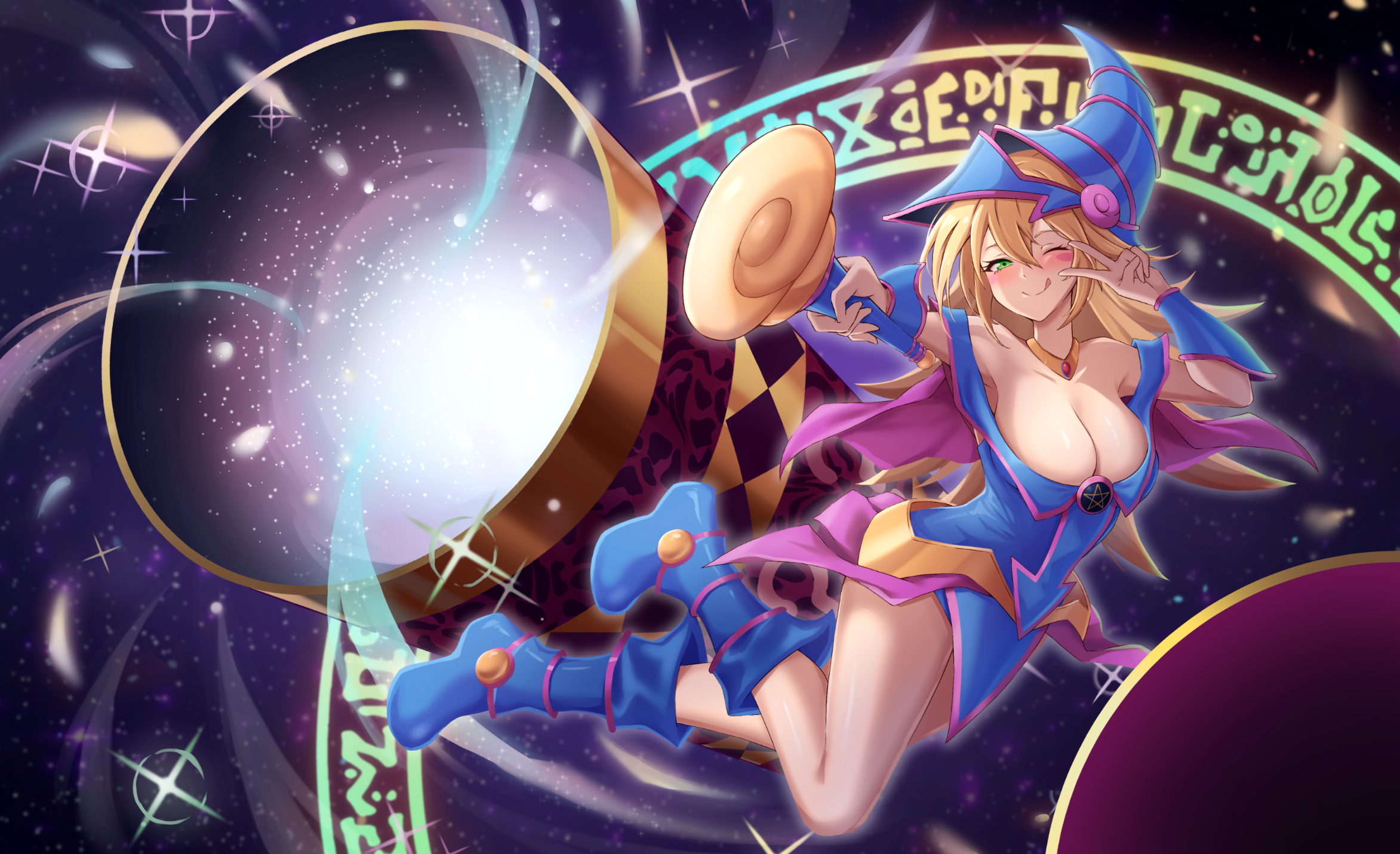 gorgenzolla, dark magician girl, magic cylinder, yu-gi-oh!, highres, 1girl, bare shoulders, blonde hair, blush, boots, breasts, collarbone, duel monster, female focus, green eyes, hat, large breasts, long hair, one eye closed, peace symbol, skirt, smile, wand, wizard hat