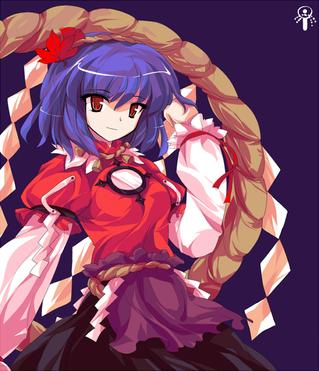 ideolo, yasaka kanako, touhou, 1girl, alphes (style), female focus, hair ornament, leaf, leaf hair ornament, parody, purple hair, rope, shide, shimenawa, short hair, solo, style parody