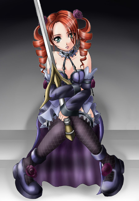1041 (toshikazu), amy sorel, soul calibur, soulcalibur, soulcalibur iii, 1girl, bare shoulders, blue eyes, choker, corset, detached sleeves, dress, drill hair, female focus, fishnet thighhighs, fishnets, flower, gothic lolita, lolita fashion, red hair, rose, sitting, solo, sword, thighhighs, twintails, weapon