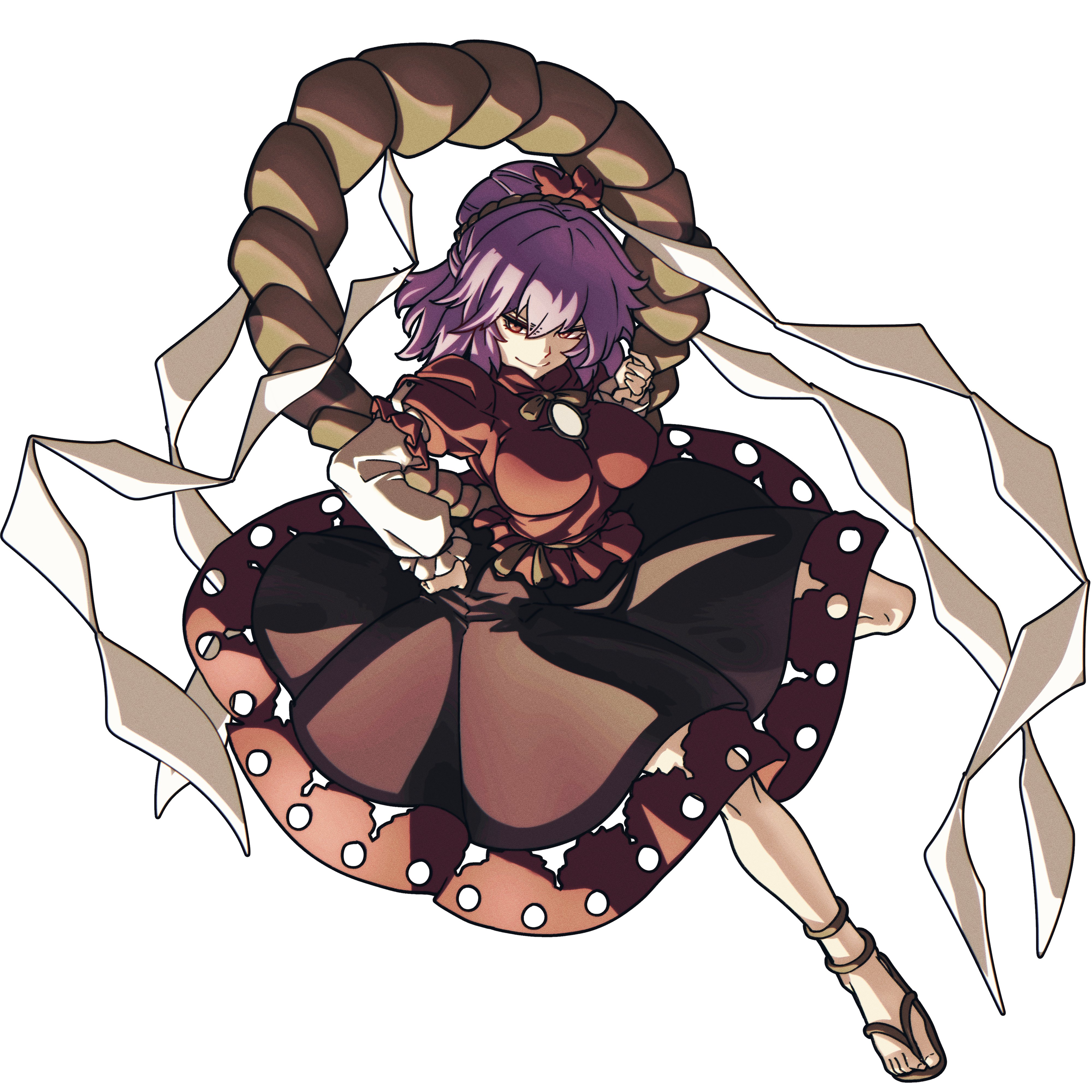 kikoka (mizuumi), yasaka kanako, touhou, absurdres, highres, 1girl, breasts, full body, long skirt, mirror, purple hair, red eyes, red shirt, shirt, simple background, skirt, smile, solo, white background