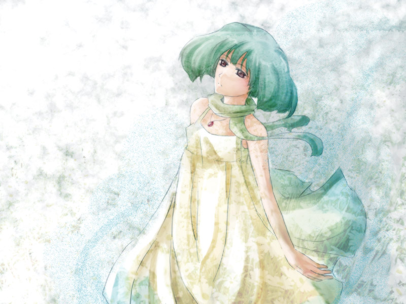 be, be (beaker), ranka lee, macross, macross frontier, bad id, bad pixiv id, 00s, 1girl, beaker, dress, female focus, green hair, scarf, solo