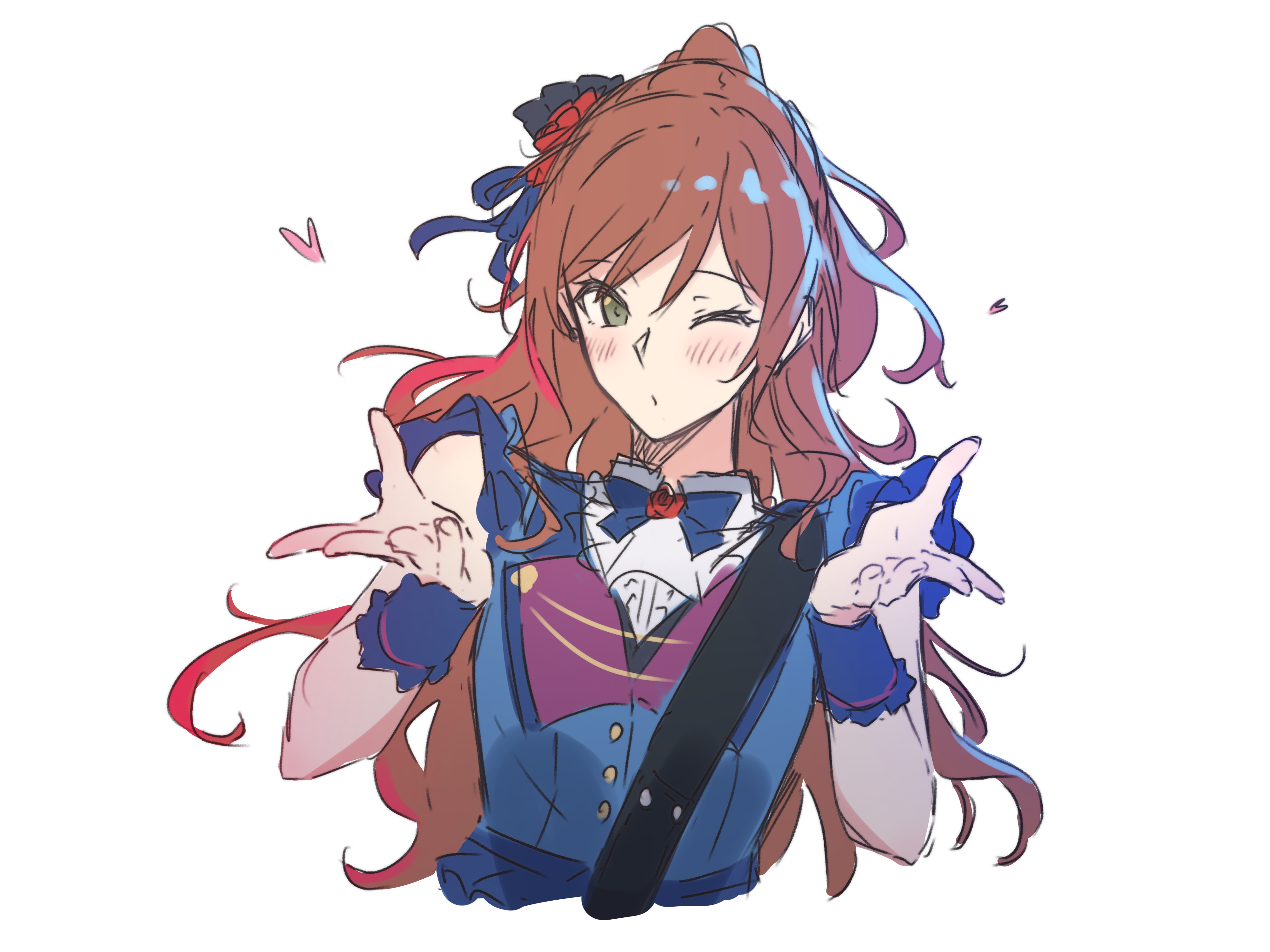 kanade (kanade 3344), imai lisa, bang dream!, absurdres, commentary, highres, 1girl, blowing kiss, blue vest, blue wrist cuffs, blush, brown hair, green eyes, guitar strap, half updo, heart, long hair, looking at viewer, one eye closed, simple background, solo, upper body, vest, white background, wrist cuffs