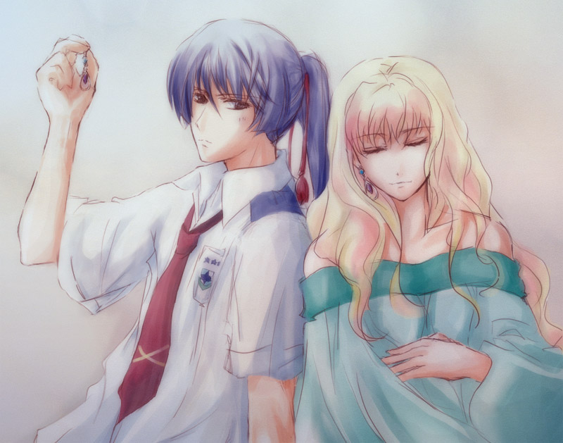 be, be (beaker), saotome alto, sheryl nome, macross, macross frontier, bad id, bad pixiv id, 00s, 1boy, 1girl, beaker, blonde hair, closed eyes, collared shirt, gradient background, looking at viewer, necktie, ponytail, purple hair, red necktie, shirt, short sleeves, sleeping, white shirt