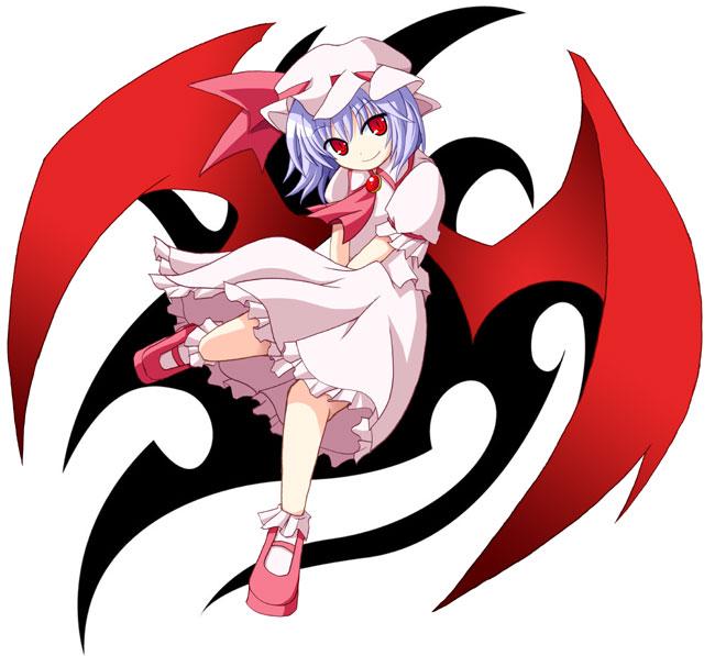 tsukamoto tsukasa, remilia scarlet, touhou, 1girl, bat wings, female focus, full body, hat, purple hair, red eyes, red shoes, shoes, simple background, skirt, solo, white background, wings