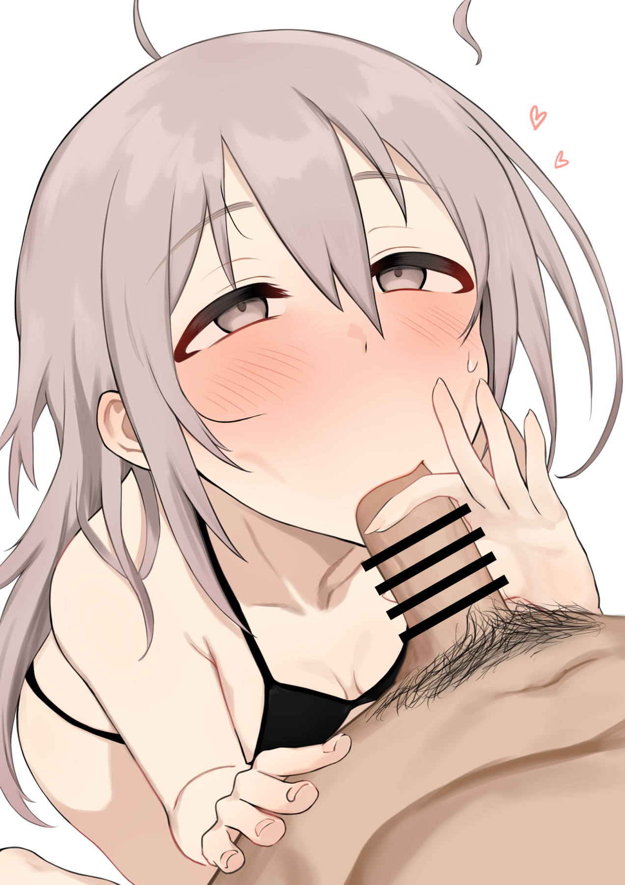 gobi (jtnyrwbkohiqsuldg), hoshi syoko, idolmaster, idolmaster cinderella girls, highres, 1boy, 1girl, ahoge, bikini, black bikini, blush, colored eyelashes, fellatio, grey eyes, grey hair, heart, long hair, navel, oral, pubic hair, sweat, sweatdrop, swimsuit