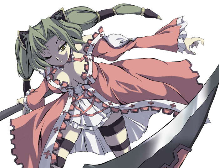 tsukamoto tsukasa, arala cran, alfa system, shikigami no shiro, 1girl, breasts, cleavage, female focus, green hair, grey eyes, large breasts, one eye closed, scythe, solo, thighhighs, twintails, wink, zettai ryouiki
