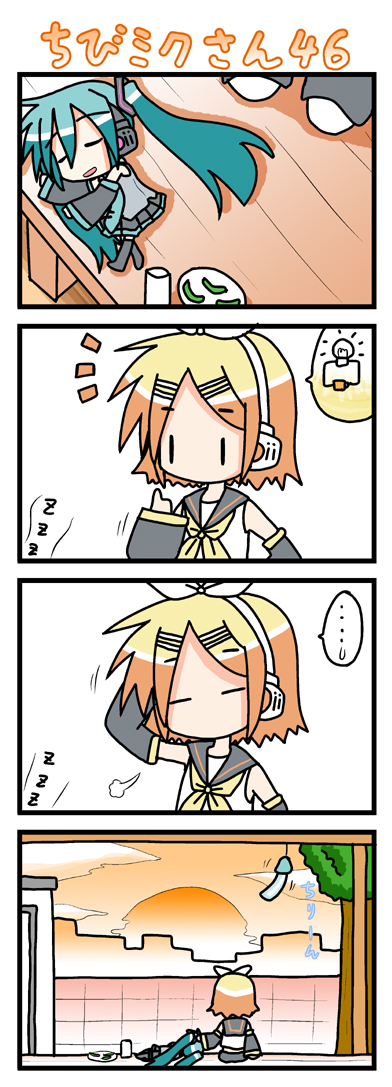 minami (colorful palette), chibi miku, hatsune miku, kagamine rin, vocaloid, long image, tall image, 2girls, 4koma, aqua hair, chibi, comic, light bulb, multiple girls, porch, silent comic, sleeping, summer, sunset, veranda, wind chime, | |