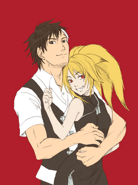kusunoki mori, arisu reiji, xiaomu, banpresto, capcom, namco, namco x capcom, super robot wars, super robot wars og saga mugen no frontier, 1boy, 1girl, animal ears, blonde hair, fox ears, grin, hetero, hug, hug from behind, red background, red eyes, shirt, smile, vest