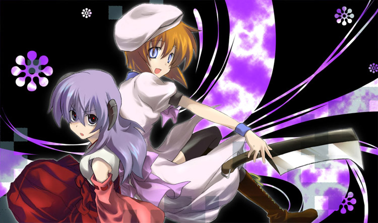 hanyuu, ryuuguu rena, higurashi no naku koro ni, non-web source, 00s, 2girls, billhook, blue eyes, boots, brown hair, dress, hakama, hakama skirt, hat, hatchet, japanese clothes, miko, multiple girls, nata (tool), purple hair, red hakama, skirt