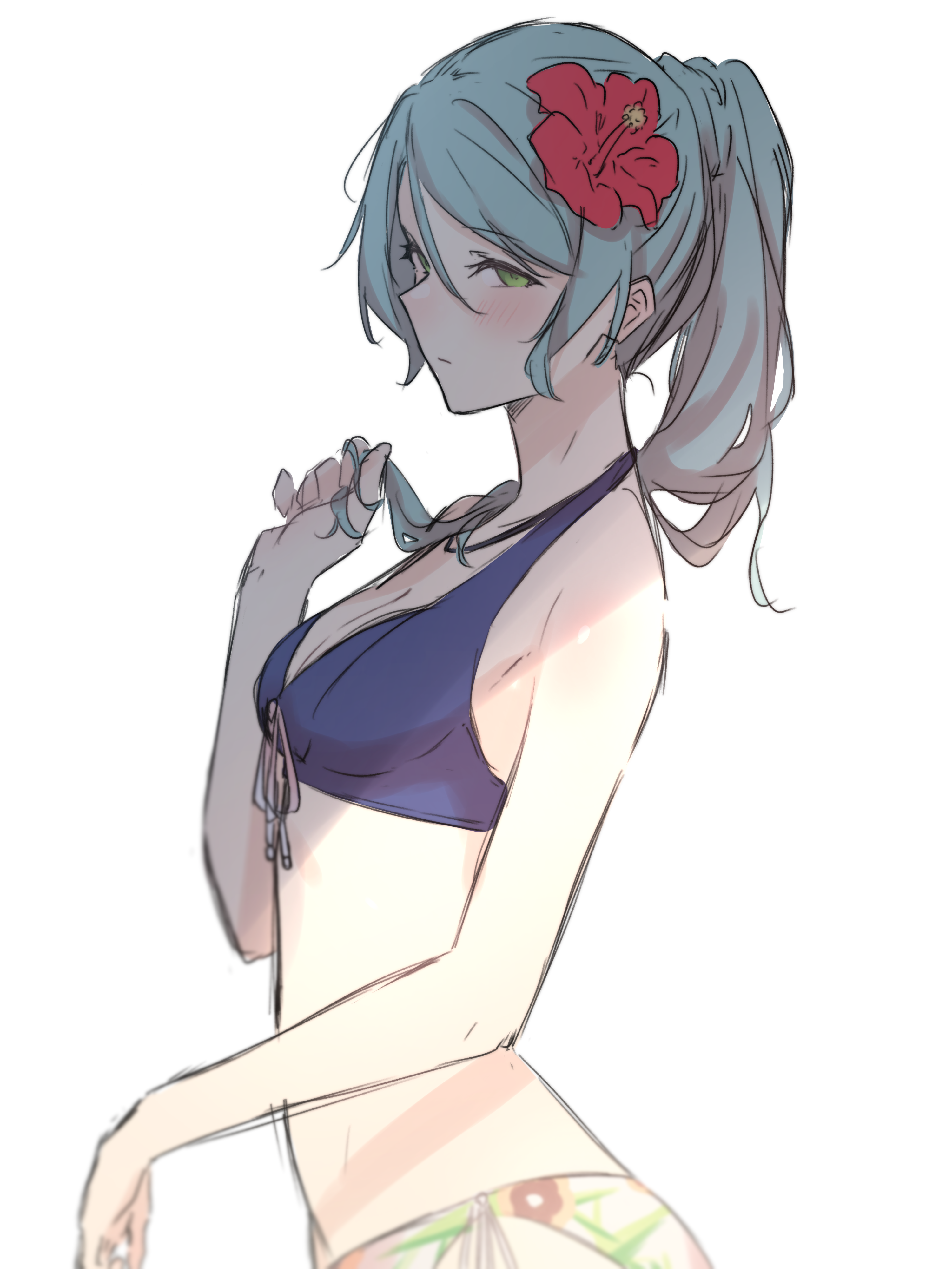 kanade (kanade 3344), hikawa sayo, bang dream!, absurdres, commentary, highres, 1girl, aqua hair, bikini, blue bikini, blush, breasts, cleavage, closed mouth, flower, green eyes, hair flower, hair ornament, halterneck, holding, holding own hair, long hair, medium breasts, ponytail, red flower, simple background, solo, stomach, swimsuit, upper body, white background