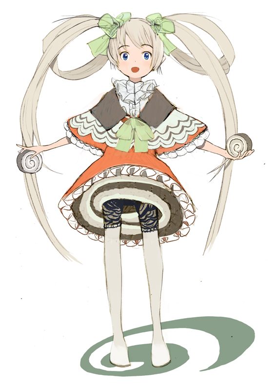 okama, original, silver hair, blue eyes, long hair, solo, thighhighs, twintails, very long hair