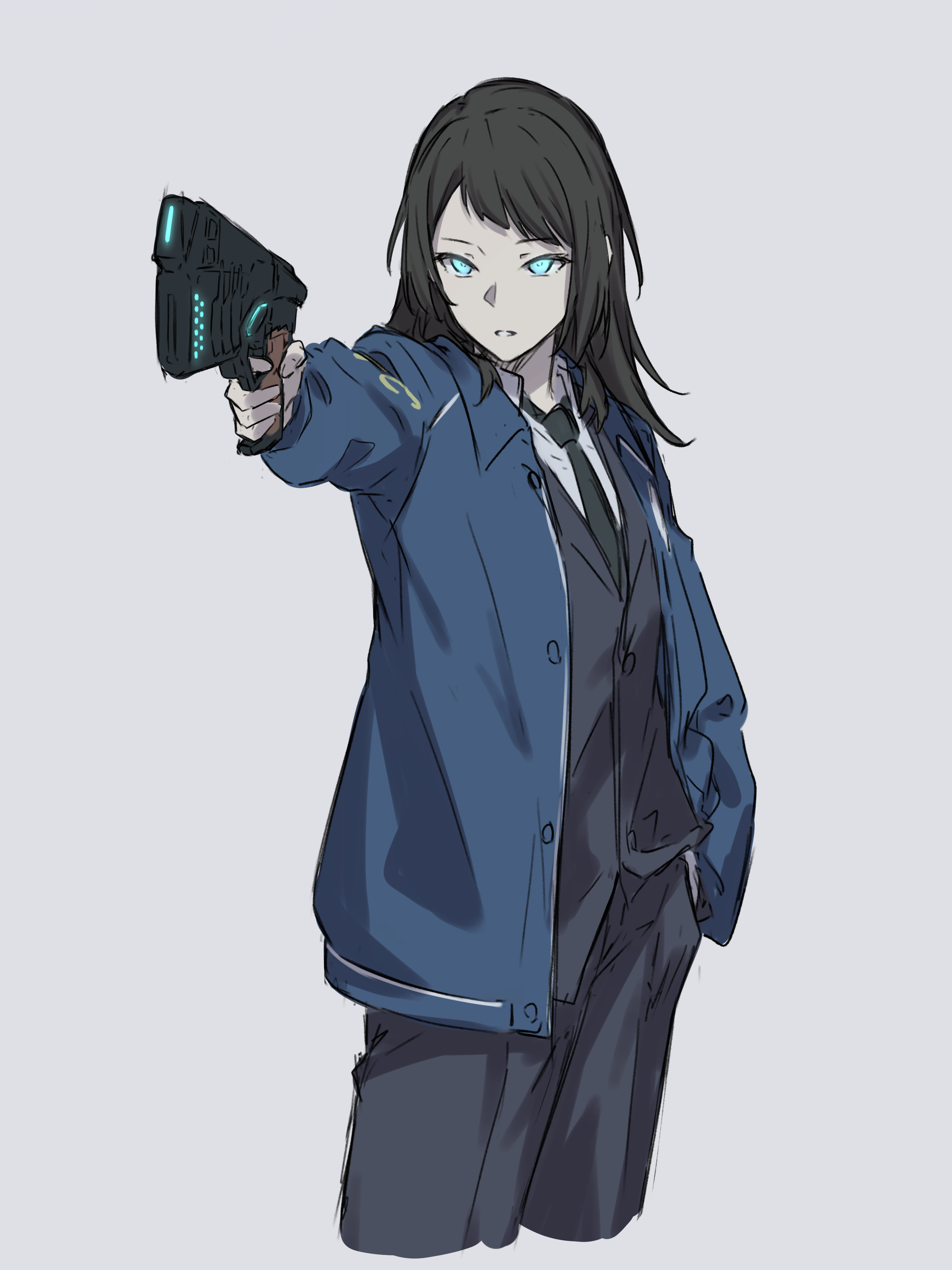 kanade (kanade 3344), yahata umiri, 2024 summer olympics, bang dream!, bang dream! it's mygo!!!!!, olympics, psycho-pass, absurdres, commentary, highres, 1girl, black hair, black jacket, black necktie, black pants, blue eyes, blue jacket, cropped legs, dominator (gun), finger on trigger, glowing, glowing eyes, grey background, gun, hand in pocket, holding, holding gun, holding weapon, jacket, medium hair, meme, necktie, open clothes, open jacket, open mouth, pants, sidelocks, simple background, solo, weapon, yusuf dikec (meme)
