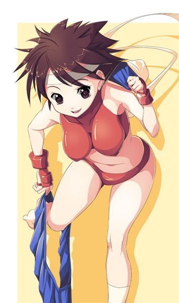 koflif, kasugano sakura, capcom, street fighter, bad id, bad pixiv id, 1girl, bra, breasts, brown hair, buruma, female focus, hanging breasts, headband, large breasts, leaning forward, lingerie, short hair, skirt, solo, sports bra, underwear, undressing