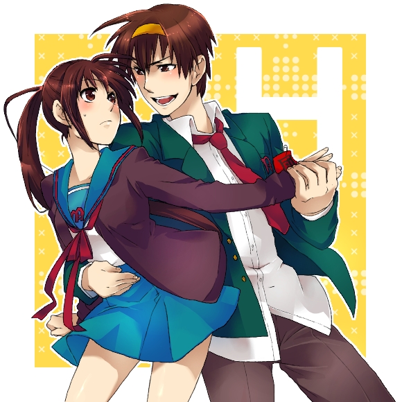 musou (pixiv), kyonko, suzumiya haruhi, suzumiya haruhiko, suzumiya haruhi no yuuutsu, suzumiya haruhiko no yuuutsu, bad id, bad pixiv id, 00s, 1boy, 1girl, genderswap, genderswap (ftm), genderswap (mtf), ponytail, school uniform, serafuku