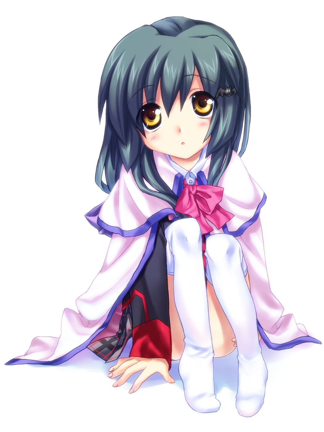 satomi yoshitaka, ibuki fuuko, noumi kudryavka, clannad, key (company), little busters!, highres, 1girl, bow, brown eyes, cape, company connection, cosplay, feet, female focus, noumi kudryavka (cosplay), pink bow, school uniform, serafuku, short hair, socks, solo, thighhighs