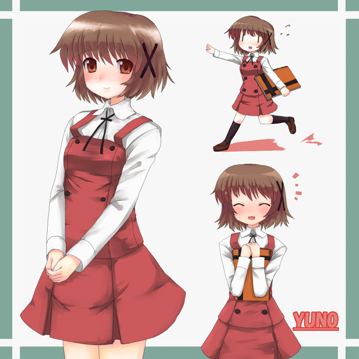 ktsecond, yuno (hidamari sketch), hidamari sketch, 00s, 1girl, ^ ^, brown hair, character name, closed eyes, closed mouth, open mouth, school uniform, serafuku, short hair, sketchbook, yamabuki high school uniform