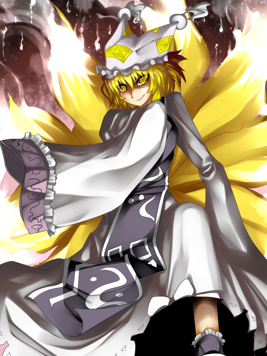kazetto, yakumo ran, touhou, bad id, bad pixiv id, highres, 1girl, animal ears, blonde hair, female focus, fire, fox ears, fox tail, hat, multiple tails, short hair, solo, tail, yellow eyes