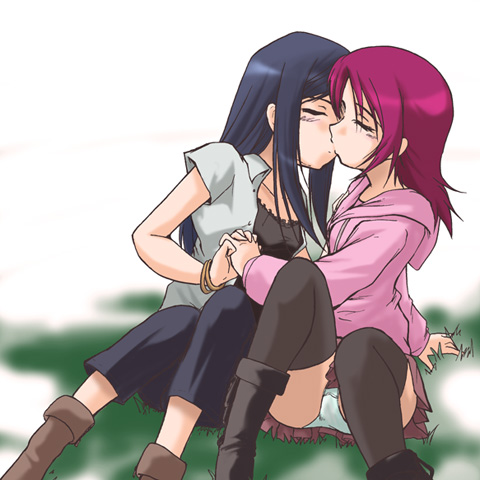 urutsu sahari, kuga natsuki, yuuki nao, my-hime, lowres, non-web source, 00s, 2girls, bracelet, casual, closed eyes, couple, holding hands, jewelry, kiss, multiple girls, panties, pantyshot, thighhighs, underwear, upskirt, white panties, yuri