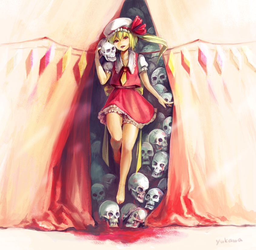 yukawa, flandre scarlet, touhou, 1girl, barefoot, blonde hair, blood, female focus, hat, mob cap, one side up, ponytail, red eyes, ribbon, short hair, side ponytail, skull, solo, wings