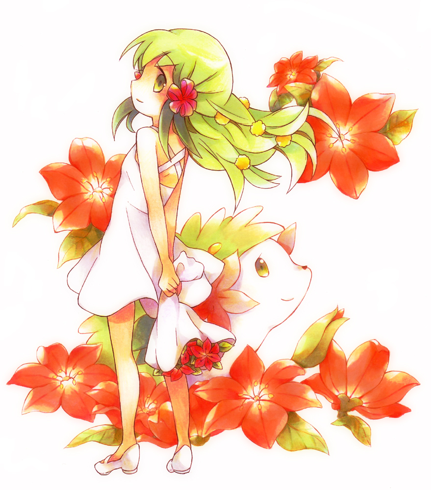 tachitsu teto, shaymin, shaymin (land), moemon, nintendo, pokemon, colored pencil (medium), marker (medium), mixed media, traditional media, 00s, 1girl, arms behind back, bare shoulders, bouquet, costume, creature and personification, dress, flower, full body, gen 4 pokemon, gracidea, green eyes, green hair, hair ornament, legendary pokemon, long hair, mary janes, matching hair/eyes, mythical pokemon, no socks, personification, pokemon (creature), shoes, simple background, smile, sundress, white background