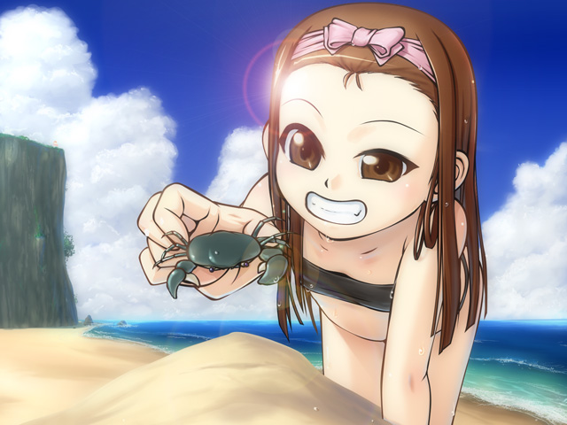 caryo, takeda yukimura, minase iori, idolmaster, idolmaster (classic), idolmaster 1, 00s, 1girl, beach, bikini, brown eyes, brown hair, child, cloud, crab, crustacean, day, female focus, forehead, grin, lens flare, ocean, outdoors, sand, sky, smile, solo, strapless, swimsuit
