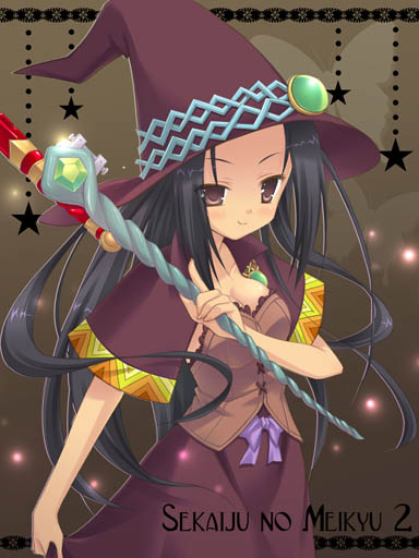 moribe (rabumanyo), doctor magus, doctor magus 2, atlus, etrian odyssey, black hair, brown eyes, hat, long hair, solo, staff, witch, witch hat