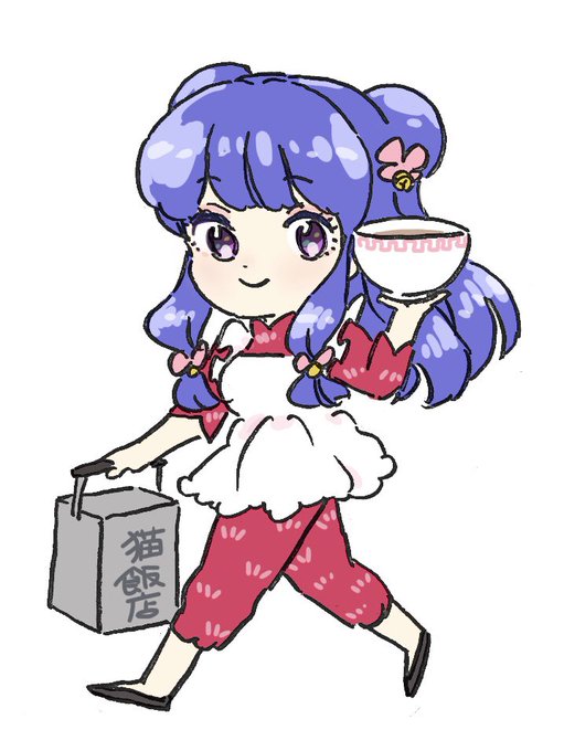 shampoo (ranma 1/2), ranma 1/2, 1girl, apron, chinese clothes, double bun, hair bun, long hair, purple hair, sidelocks, simple background, white apron, white background